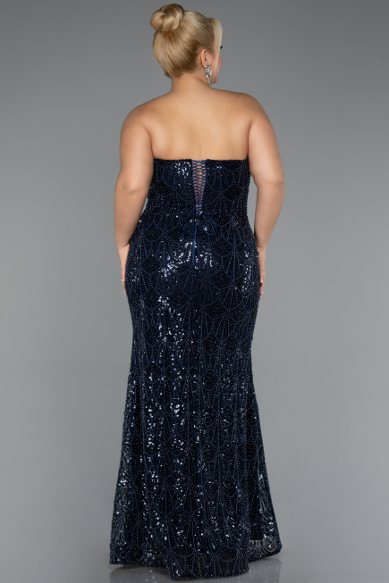 Robe De Fiançailles Grande Taille Longue Perlé Bleu Marine ABU5347