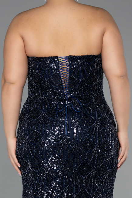 Robe De Fiançailles Grande Taille Longue Perlé Bleu Marine ABU5347