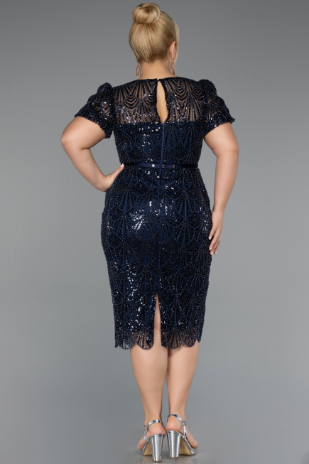 Robe De Invitation Grande Taille Midi Perlé Bleu Marine ABK2449