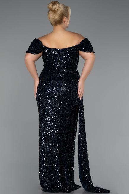 Robe De Soirée Grande Taille Squameuse Longue Bleu Marine ABU4863