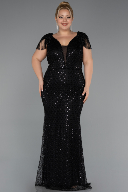 Robe De Soirée Grande Taille Longue Perlé Noir ABU5367