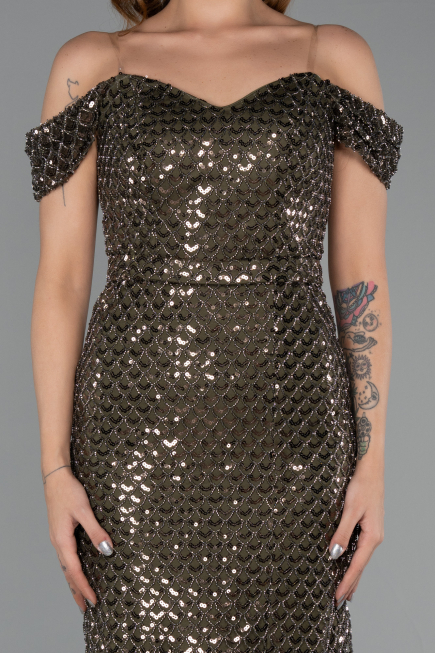 Robe de Soirée Longue Perlé Kaki ABU5401