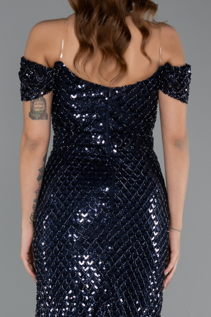 Robe de Soirée Longue Perlé Bleu Marine ABU5401