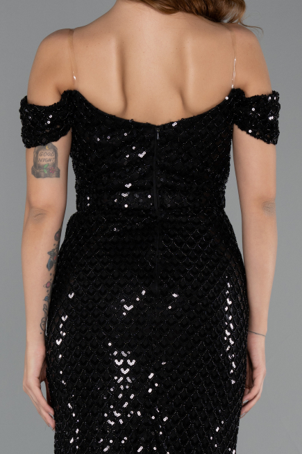 Robe de Soirée Longue Perlé Noir ABU5401