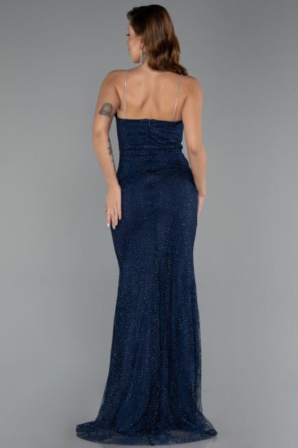 Robe de Soirée Longue Dantelle Bleu Marine ABU5407