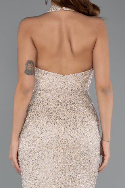 Robe de Soirée Longue Perlé Beige ABU5403