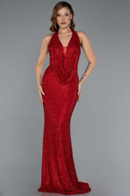 Robe de Soirée Longue Perlé Rouge ABU5403