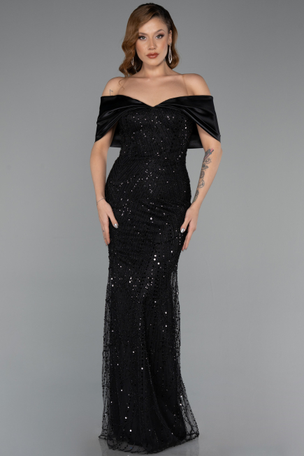 Robe de Soirée Longue Perlé Noir ABU5400