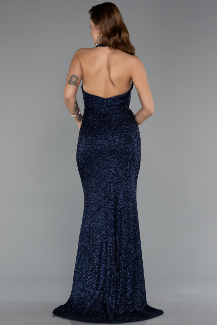 Robe de Soirée Longue Perlé Bleu Marine ABU5403