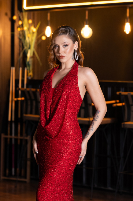 Robe de Soirée Longue Perlé Rouge ABU5403