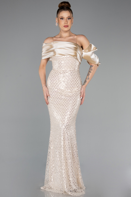 Robe de Soirée Longue Perlé Beige ABU5434