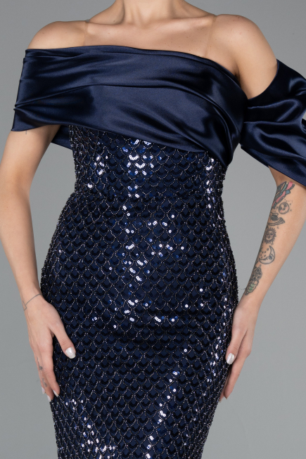 Robe de Soirée Longue Perlé Bleu Marine ABU5434