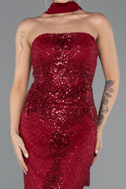 Robe de Soirée Longue Perlé Rouge Bordeaux ABU5438