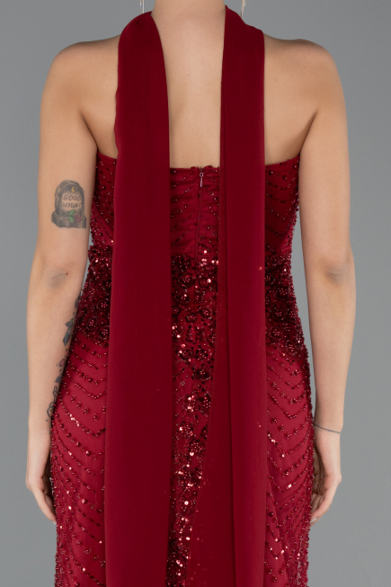 Robe de Soirée Longue Perlé Rouge Bordeaux ABU5438