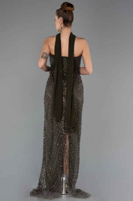 Robe de Soirée Longue Perlé Kaki Foncé ABU5438