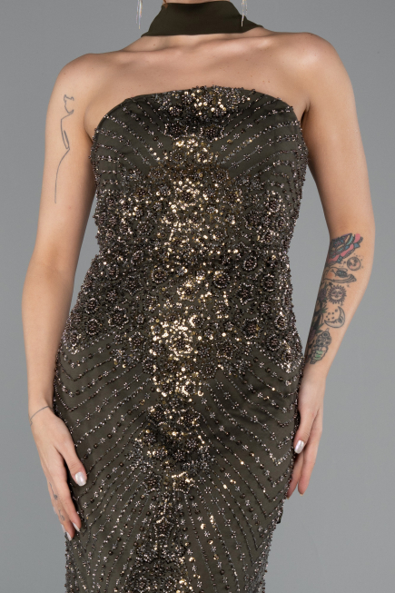 Robe de Soirée Longue Perlé Kaki Foncé ABU5438