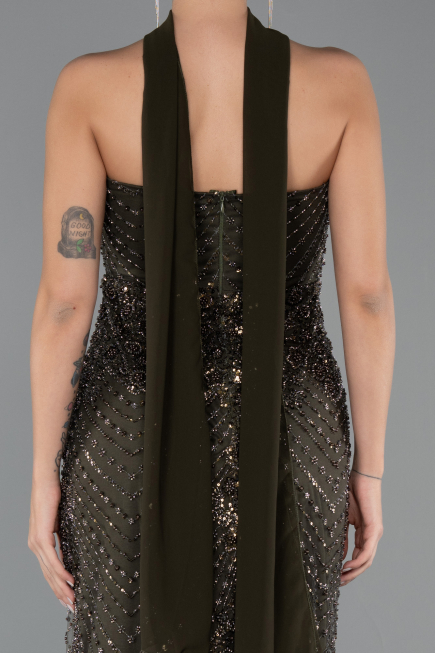Robe de Soirée Longue Perlé Kaki Foncé ABU5438
