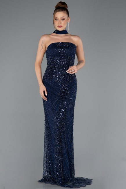 Robe de Soirée Longue Perlé Bleu Marine ABU5438
