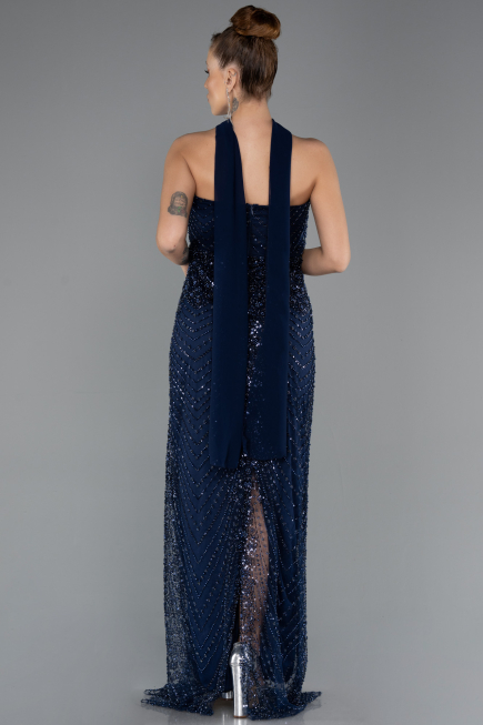 Robe de Soirée Longue Perlé Bleu Marine ABU5438