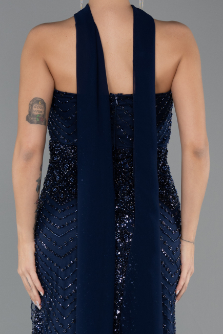 Robe de Soirée Longue Perlé Bleu Marine ABU5438