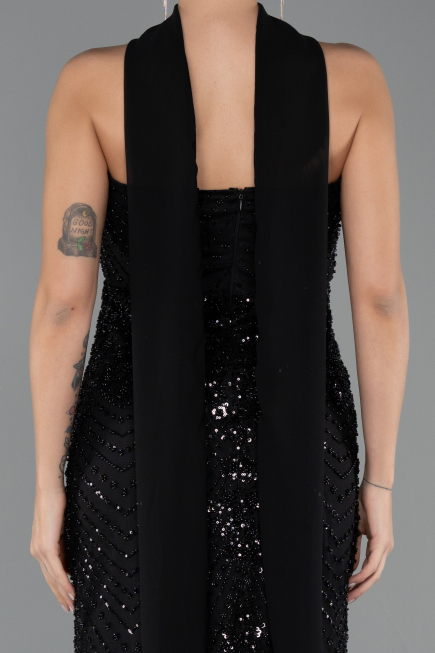 Robe de Soirée Longue Perlé Noir ABU5438