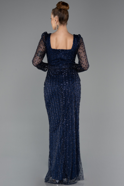Robe de Soirée Longue Perlé Bleu Marine ABU5431
