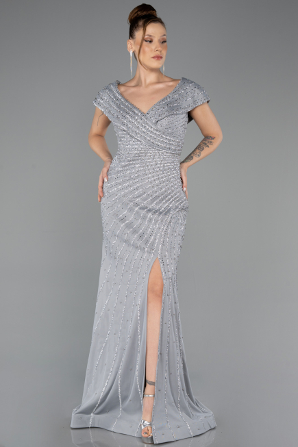 Robe De Fiançailles Grande Taille Longue Perlé Gris ABU5444
