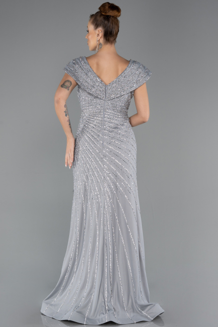 Robe De Fiançailles Grande Taille Longue Perlé Gris ABU5444