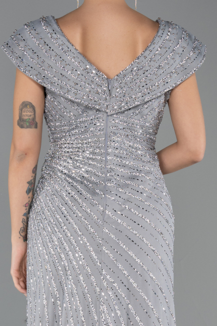 Robe De Fiançailles Grande Taille Longue Perlé Gris ABU5444