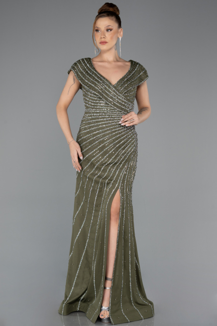 Robe De Fiançailles Grande Taille Longue Perlé Kaki ABU5444