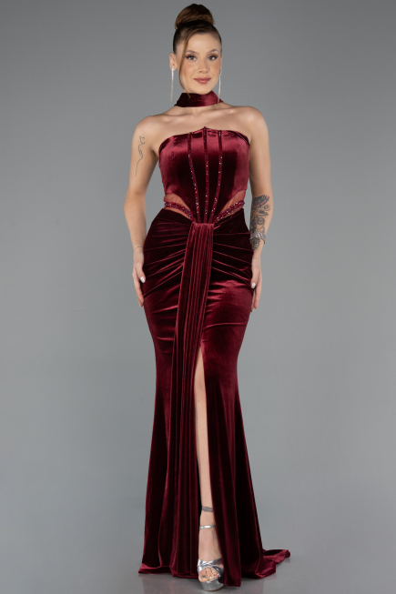Robe de Soirée Longue Velours Rouge Bordeaux ABU5437