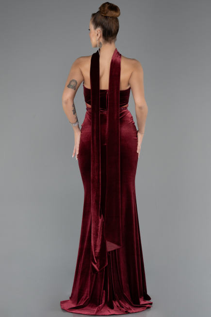 Robe de Soirée Longue Velours Rouge Bordeaux ABU5437
