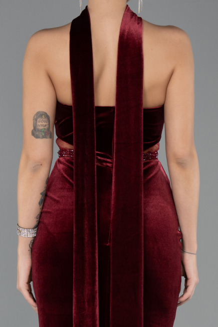 Robe de Soirée Longue Velours Rouge Bordeaux ABU5437