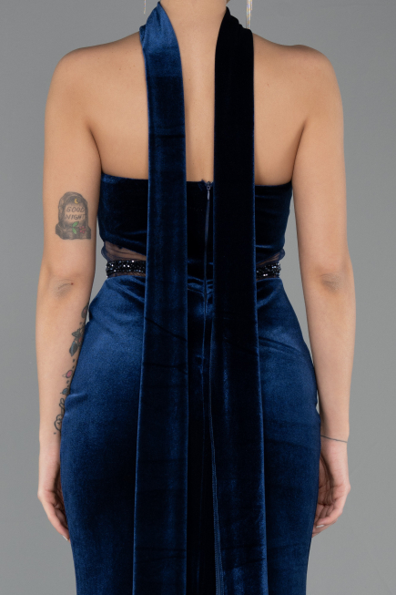 Robe de Soirée Longue Velours Bleu Marine ABU5437
