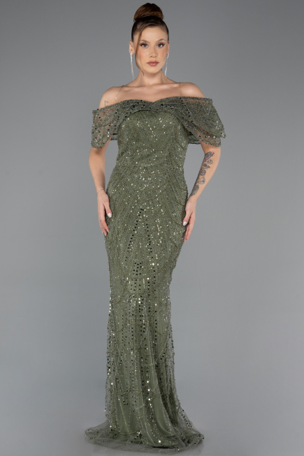 Robe de Soirée Longue Perlé Kaki ABU5371
