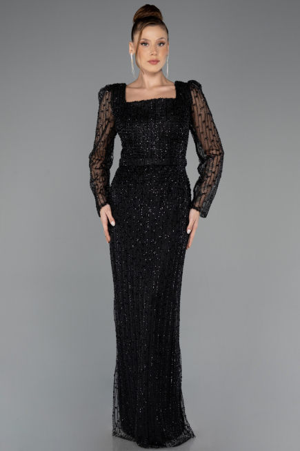 Robe de Soirée Longue Perlé Noir ABU5431