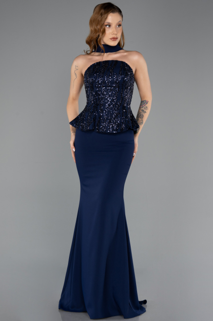 Robe de Soirée Longue Mousseline Bleu Marine ABU5457