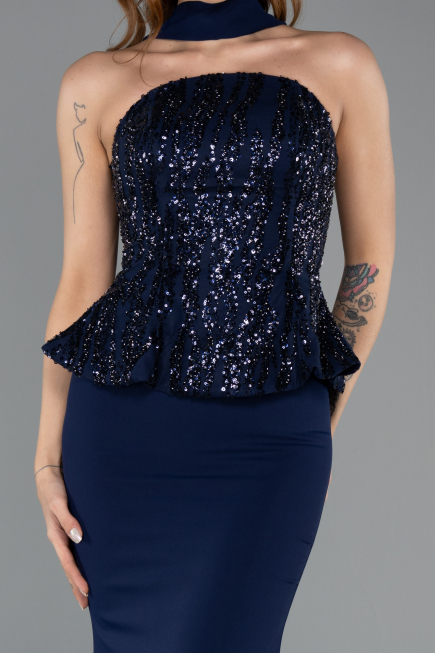 Robe de Soirée Longue Mousseline Bleu Marine ABU5457