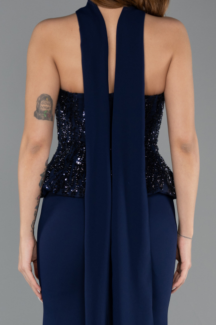 Robe de Soirée Longue Mousseline Bleu Marine ABU5457