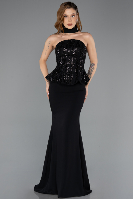 Robe de Soirée Longue Mousseline Noir ABU5457
