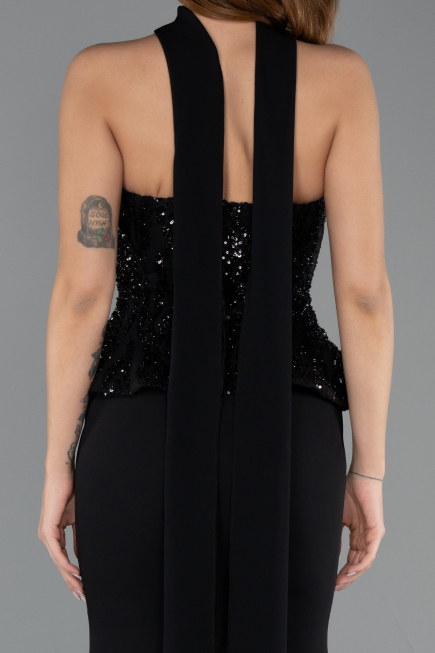 Robe de Soirée Longue Mousseline Noir ABU5457