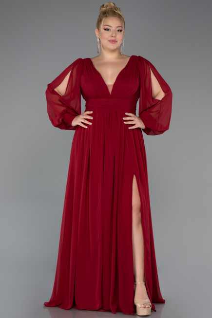 Robe Grande Taille Mousseline Longue Rouge Bordeaux ABU1988