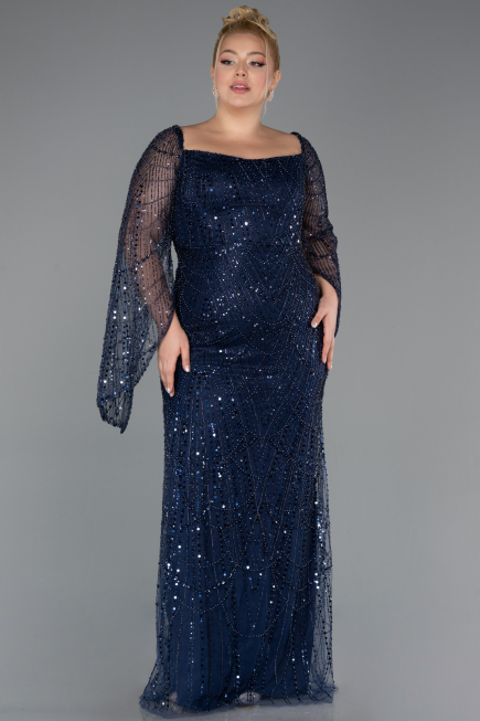Robe De Soirée Grande Taille Longue Perlé Bleu Marine ABU5067