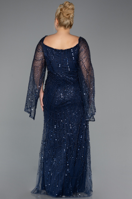 Robe De Soirée Grande Taille Longue Perlé Bleu Marine ABU5067