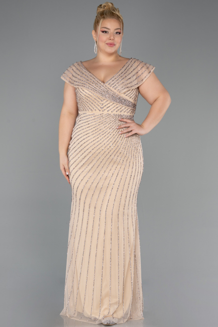 Robe de Soirée Grande Taille Longue Pierreux Beige ABU5439