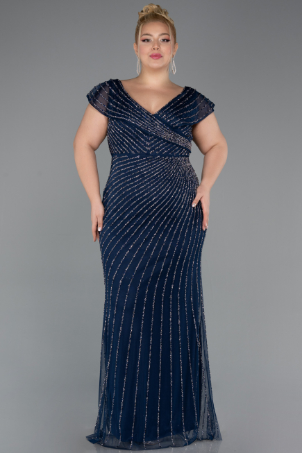 Robe de Soirée Grande Taille Longue Pierreux Bleu Marine ABU5439