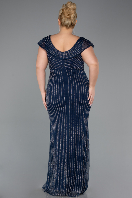 Robe de Soirée Grande Taille Longue Pierreux Bleu Marine ABU5439