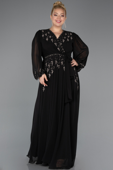 Robe De Soirée Grande Taille Longue Mousseline Noir ABU5360