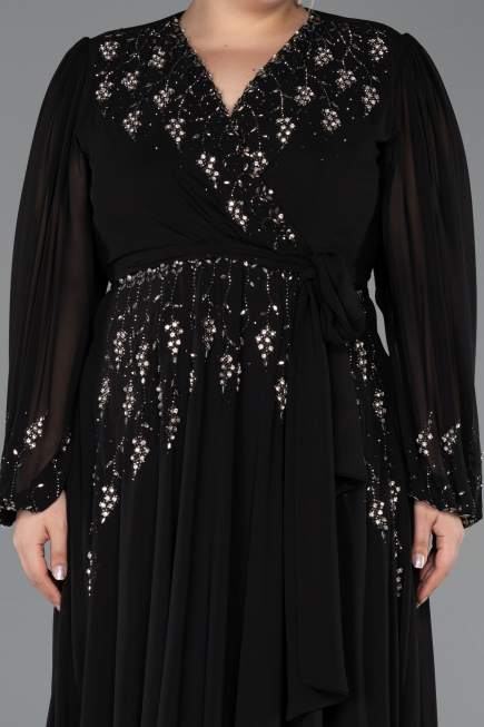 Robe De Soirée Grande Taille Longue Mousseline Noir ABU5360