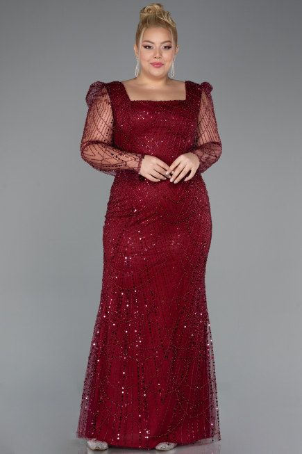 Robe De Fiançailles Grande Taille Perlé Longue Rouge Bordeaux ABU4761